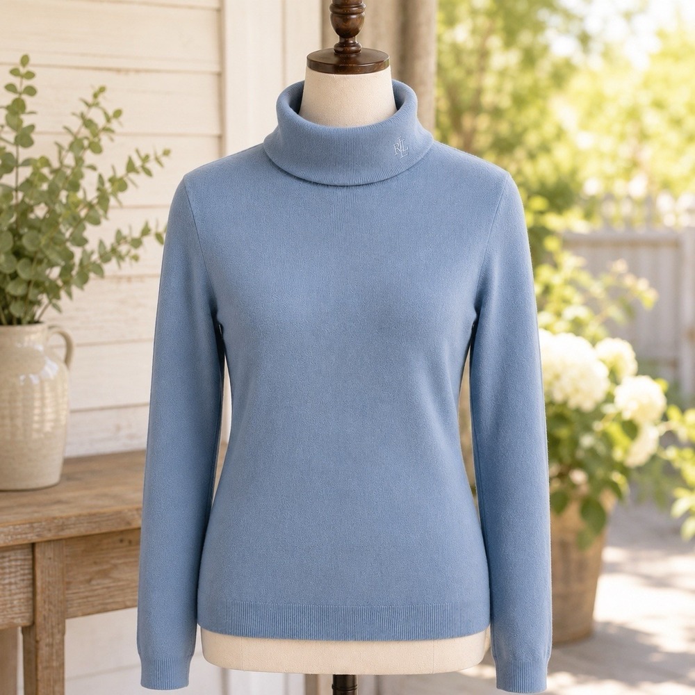 Lauren Ralph Lauren Women's Turtleneck Sweater Sky Blue Pony Logo Medium Vintage